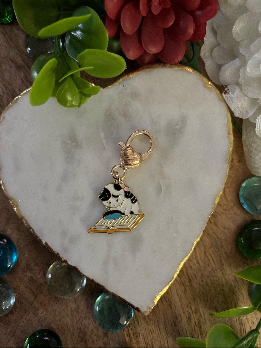 Cat Reading Enamel Charm Keychain
